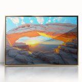 Large art print of Canyonlands with vivid orange and red tones on a gold-framed acrylic, ideal for modern art wall decor.