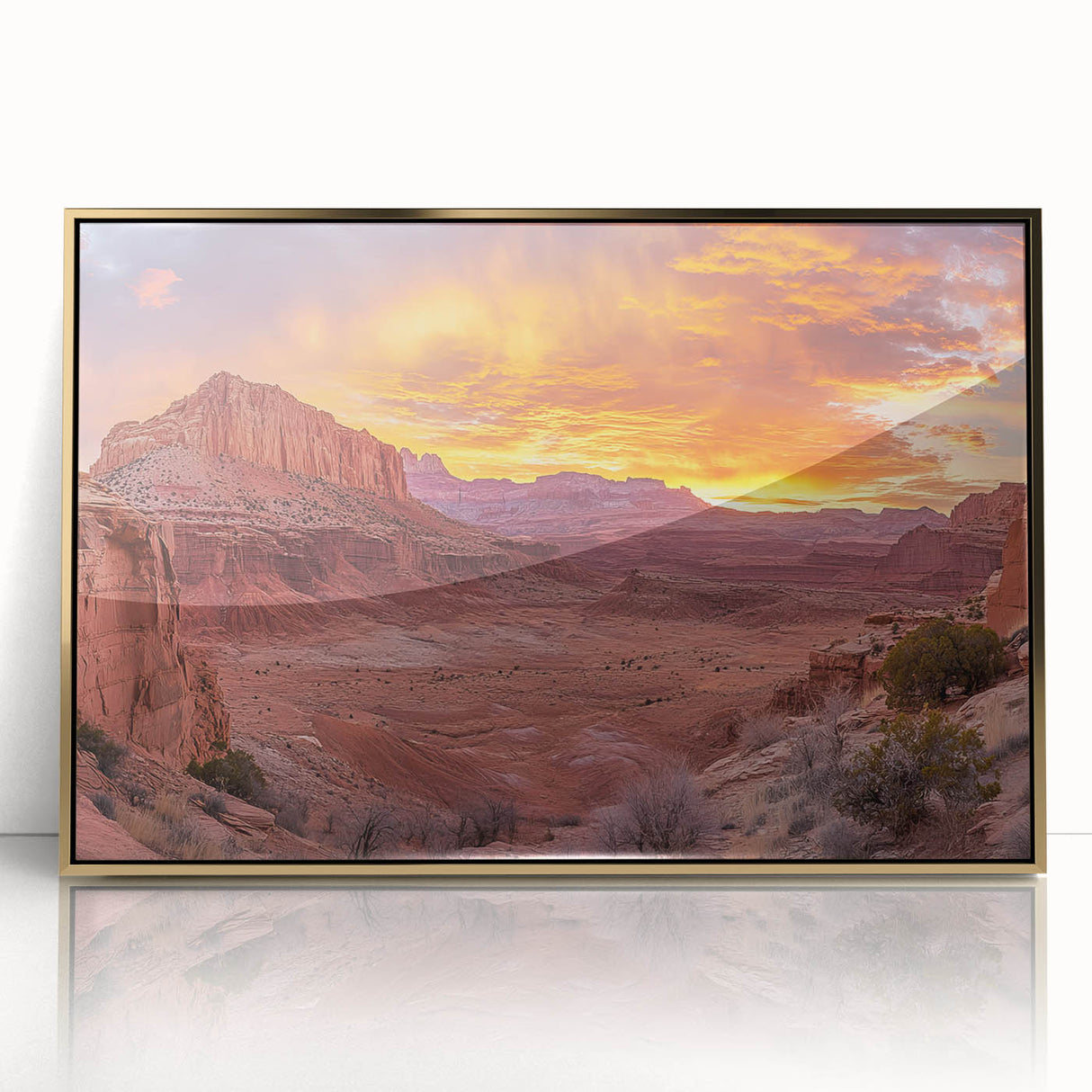 Large art print of Capitol Reef, Utah, in muted earth tones on a gold-framed acrylic, ideal for modern art wall decor.