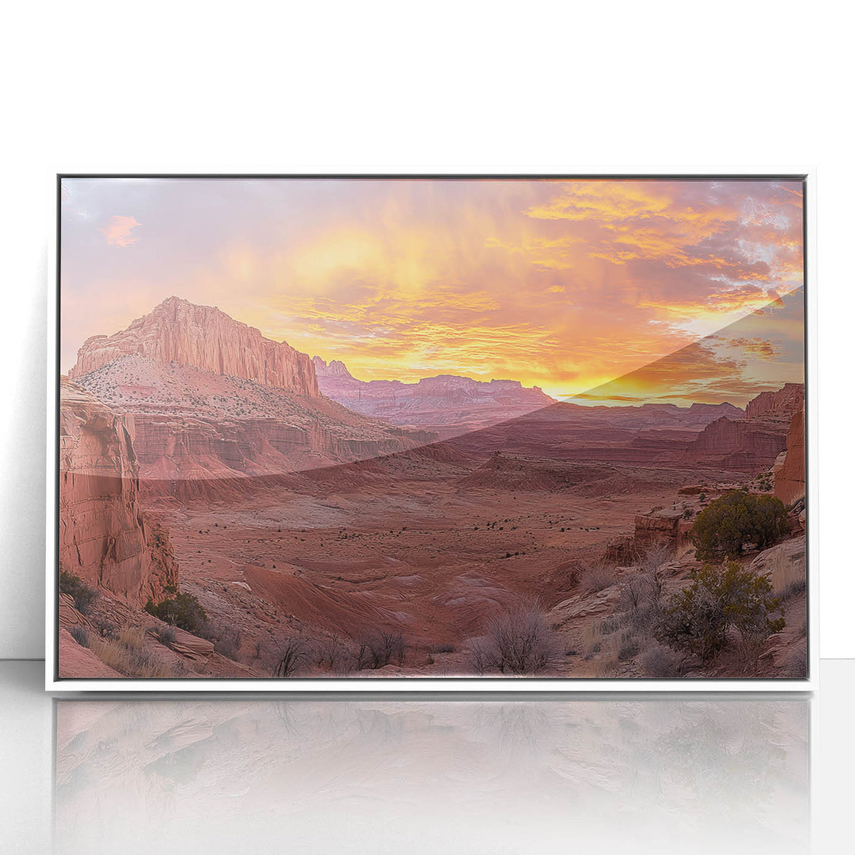 Acrylic print of Capitol Reef, Utah in muted earth tones, styled as art deco, ideal for modern art wall decor in a nursery.