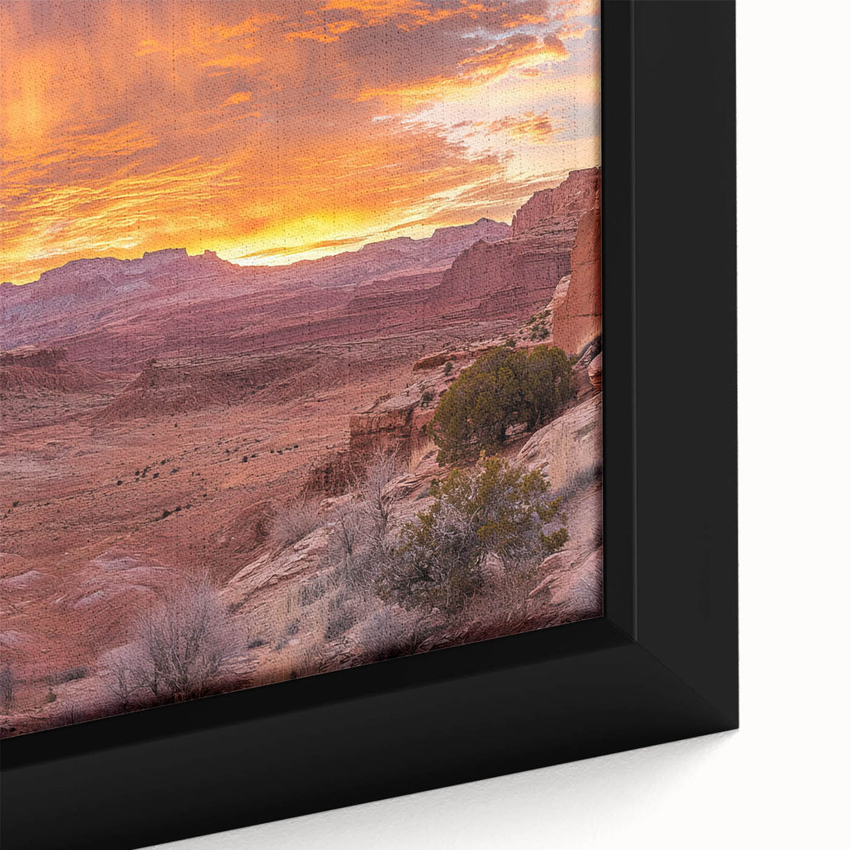 Framed canvas featuring a textured depiction of Capitol Reef in Utah with a black background and vibrant.