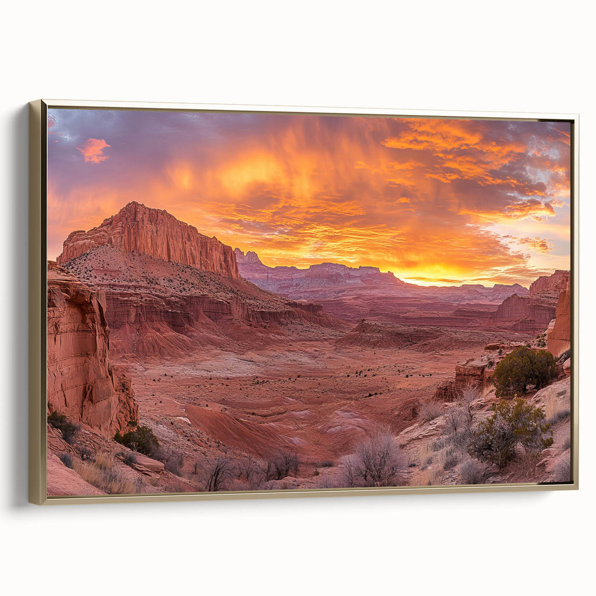 Framed canvas featuring a vintage-style landscape painting of Capitol Reef, Utah, in muted earth tones.