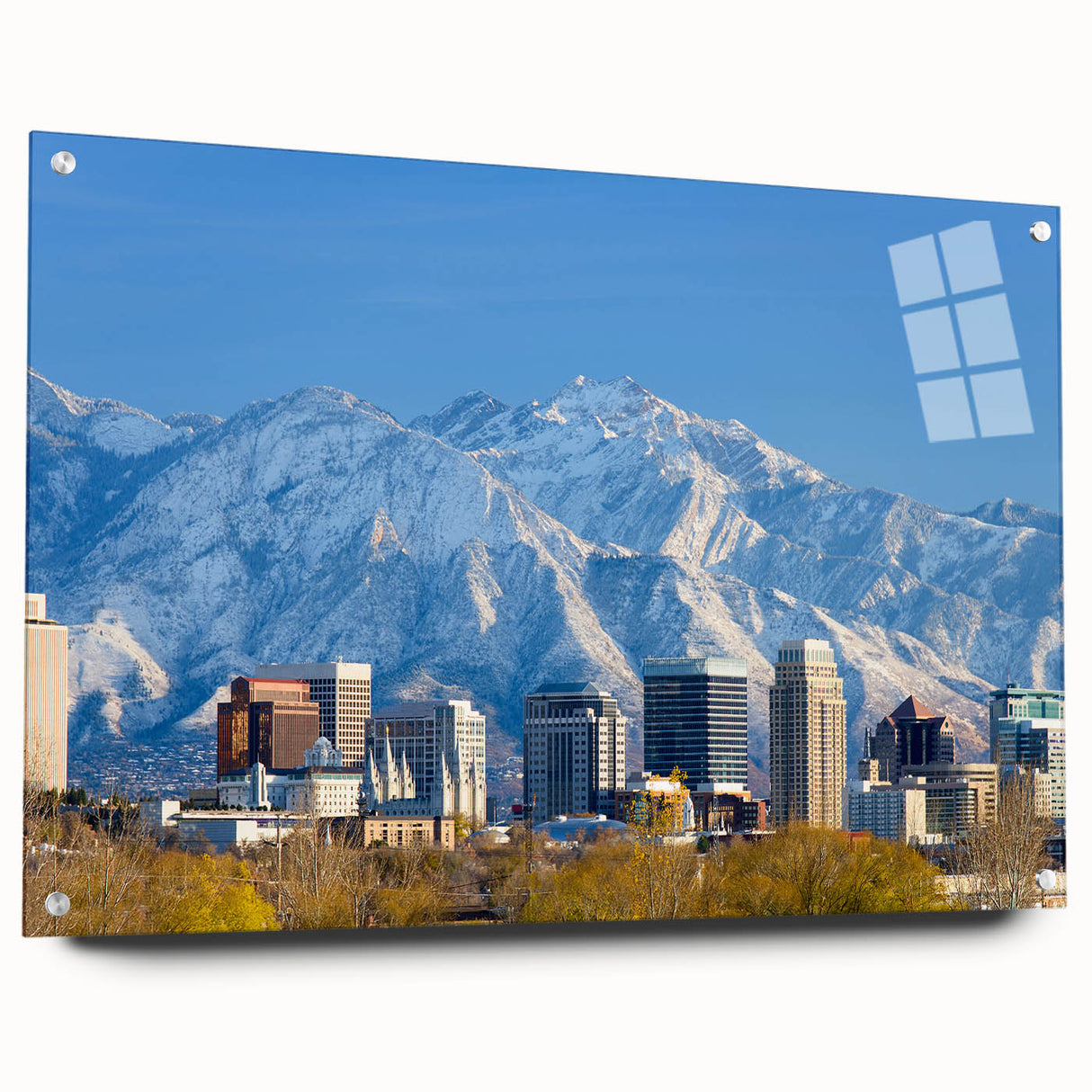 Acrylic print of Salt Lake City with muted blue and gray tones, ideal for dining room decor.