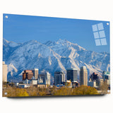 Acrylic print of Salt Lake City with muted blue and gray tones, ideal for dining room decor.