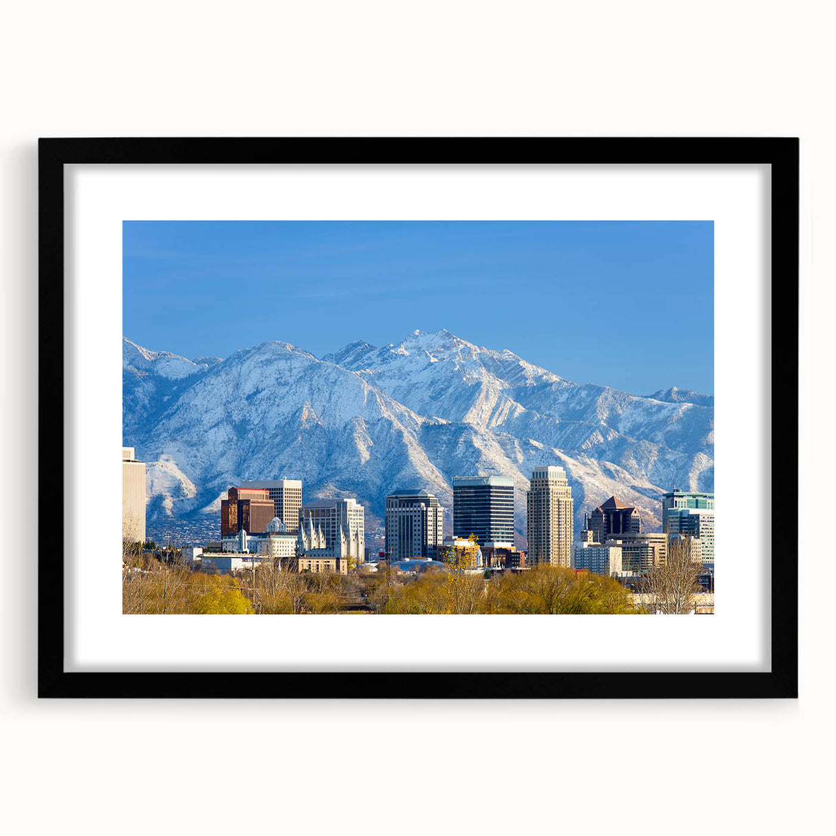 Abstract art print of Salt Lake City with vibrant, colorful textures on a large framed canvas, ideal for living room decor.