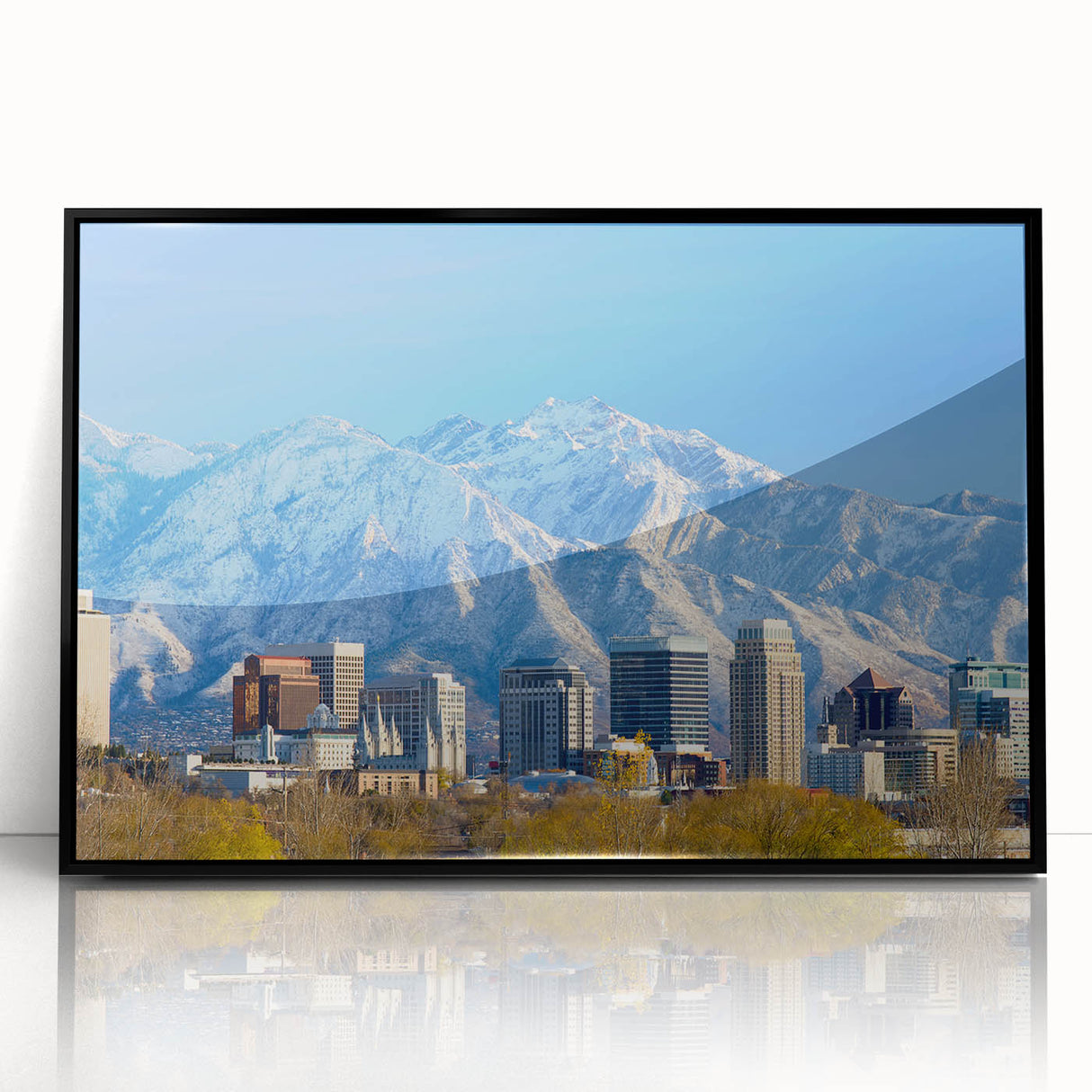Large abstract wall art depicting Salt Lake City, with muted gray and blue tones on a framed acrylic.