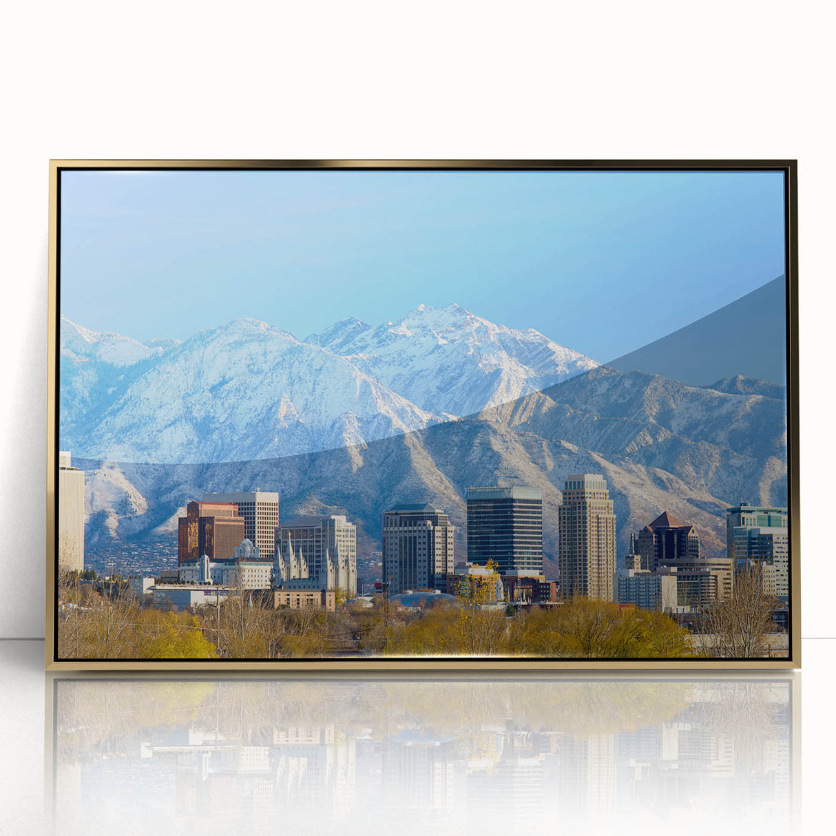 Mid-century modernist art of Salt Lake City in muted earth tones on a framed acrylic, ideal for modern art wall decor.