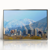 Mid-century modernist art of Salt Lake City skyline in muted gray and blue tones on a framed acrylic print.