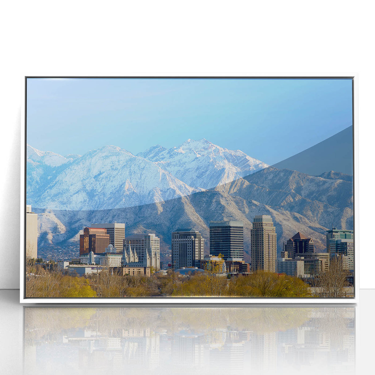 Art deco poster of Salt Lake City with pastel shades on white-framed acrylic, ideal for nursery wall art.