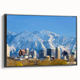 Black and white framed canvas of Salt Lake City landscape, ideal for bedroom wall decor.