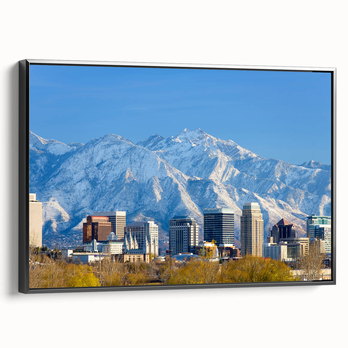 Black and white framed canvas of Salt Lake City landscape, ideal for bedroom wall decor.