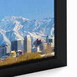 Extra large framed canvas of Salt Lake City with a black textured skyline against a colorful sunset.
