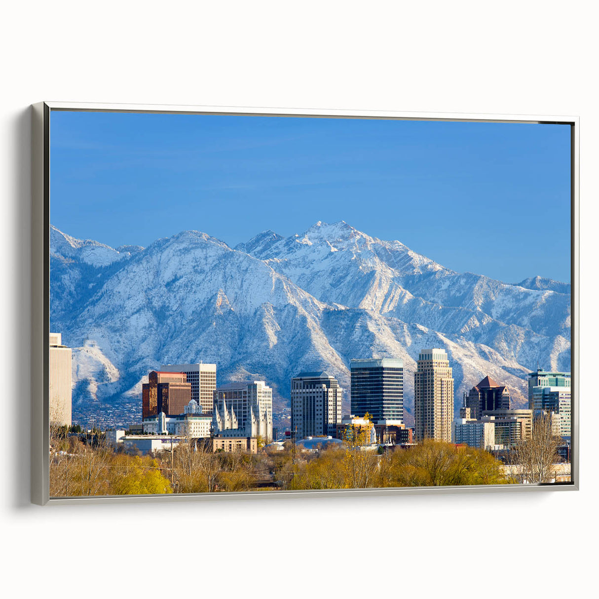 Framed canvas featuring a vintage-style landscape art painting of Salt Lake City in muted colors, ideal for office decor.