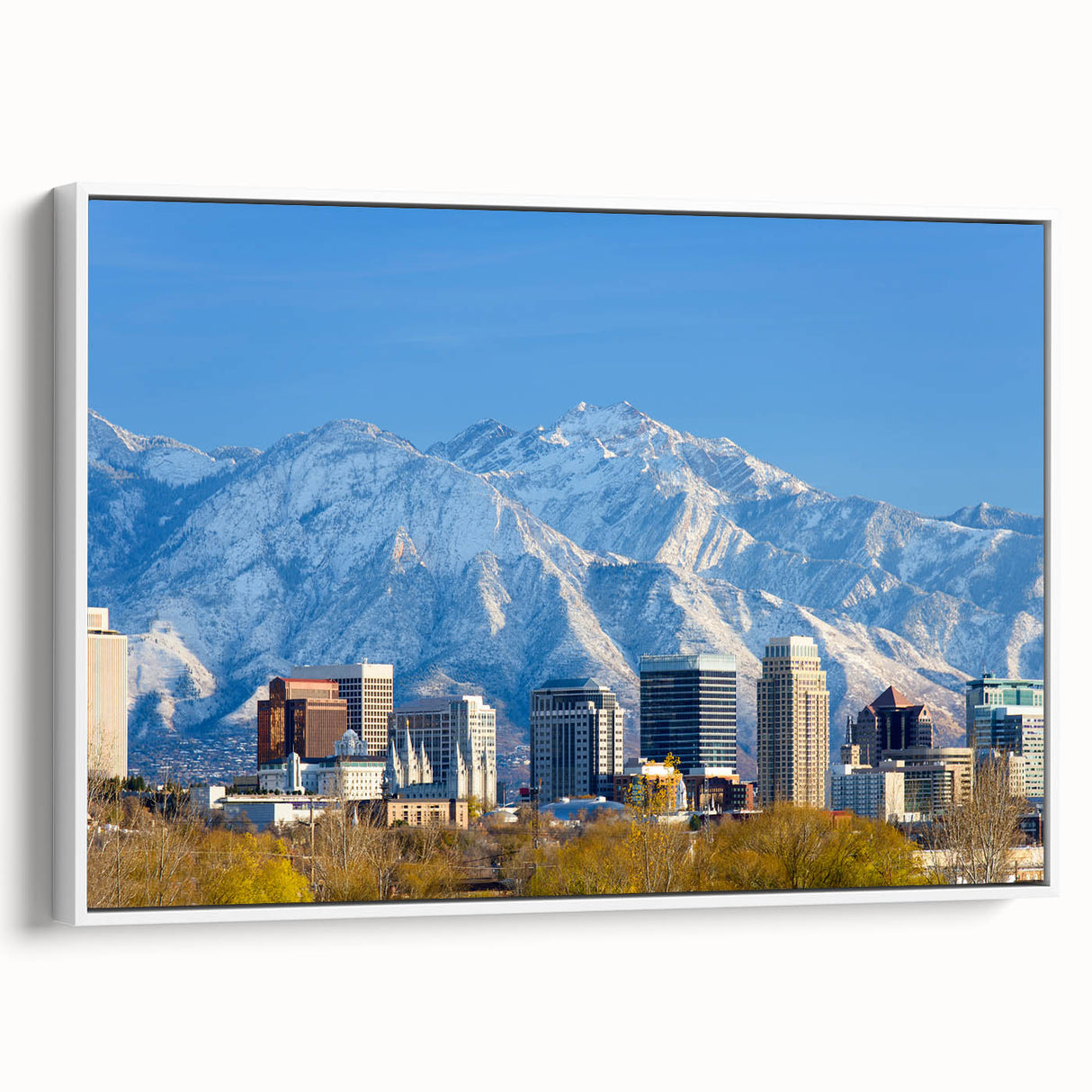 Vintage poster art of Salt Lake City with colorful palette on extra large framed canvas, ideal for living room decor.