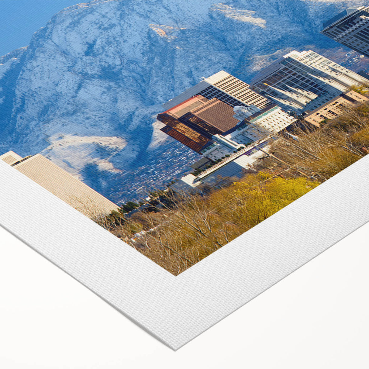 Art Deco poster of Salt Lake City skyline in muted metallic tones on rolled canvas, suitable for dining room wall art.