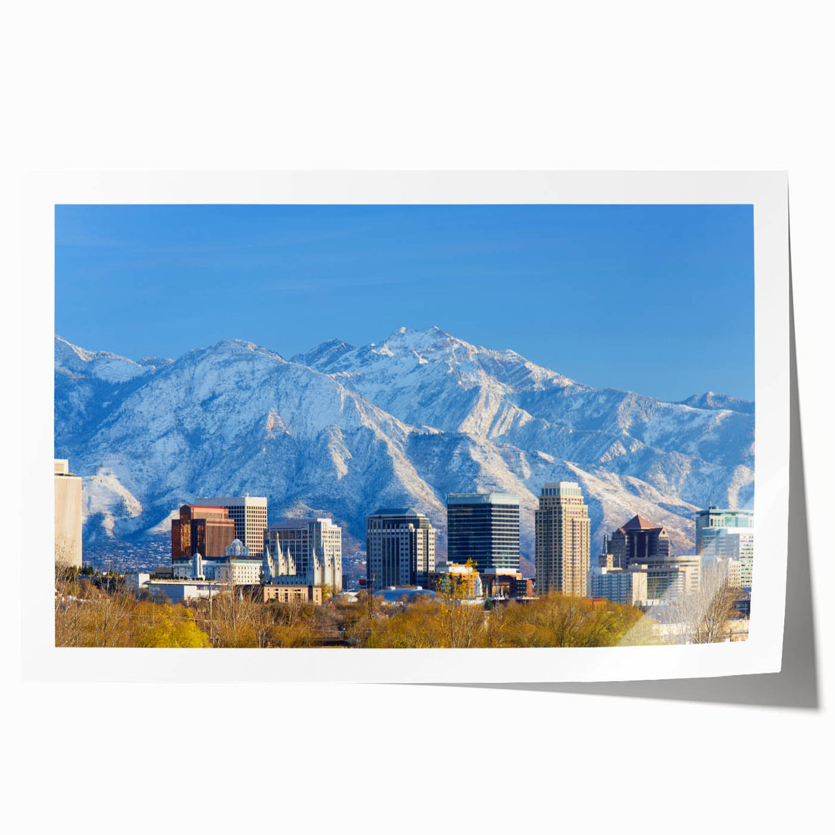Extra large rolled print of Salt Lake City with muted earth tones, ideal for art wall dining room.