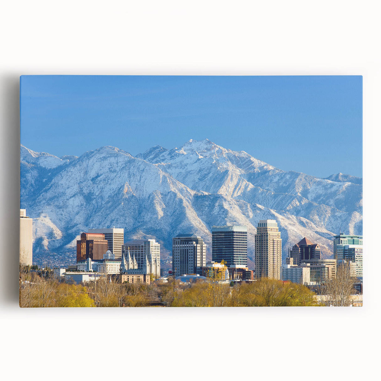 Black and white photo of Salt Lake City skyline on large stretched canvas, ideal for kitchen wall art.