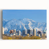 Black and white photo of Salt Lake City skyline on large stretched canvas, ideal for kitchen wall art.