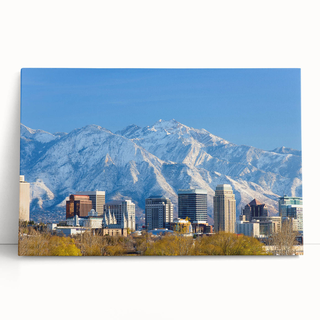 Black and white stretched canvas of Salt Lake City skyline, ideal for kitchen wall art or bedroom ambiance.