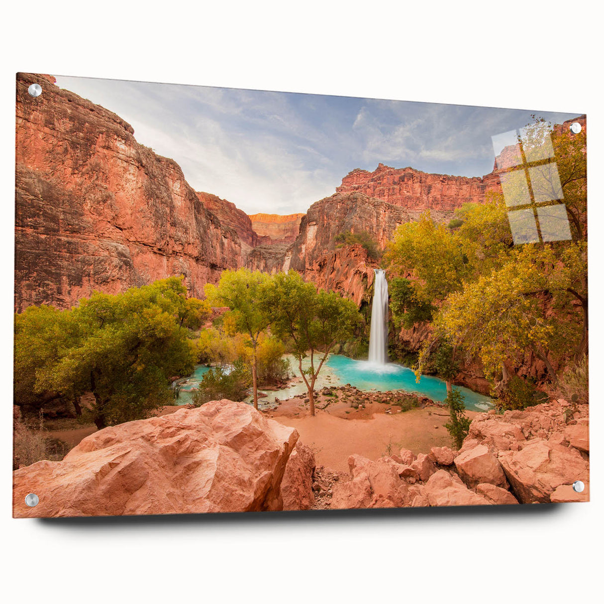 Acrylic print of Zion National Park with vivid red and orange tones, suited for bedroom or dining room decor.