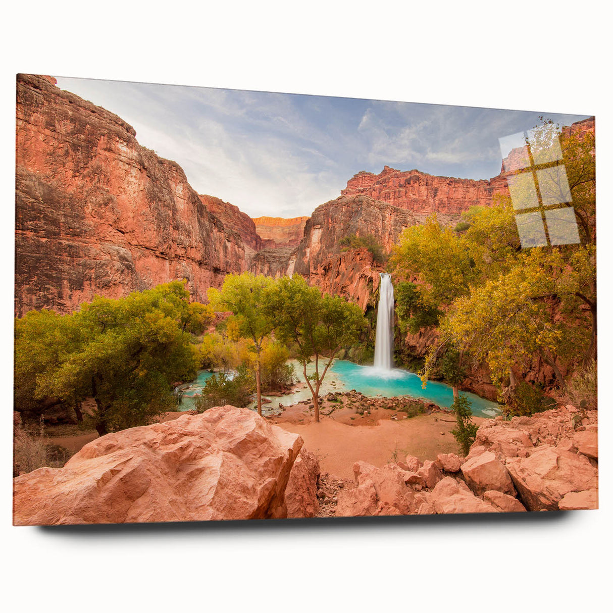 Large abstract wall art of Zion National Park in muted earth tones on acrylic glass, ideal for bedroom or dining room decor.