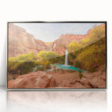 Mid-century modernist art depicting Zion National Park in muted earth tones on a framed acrylic.