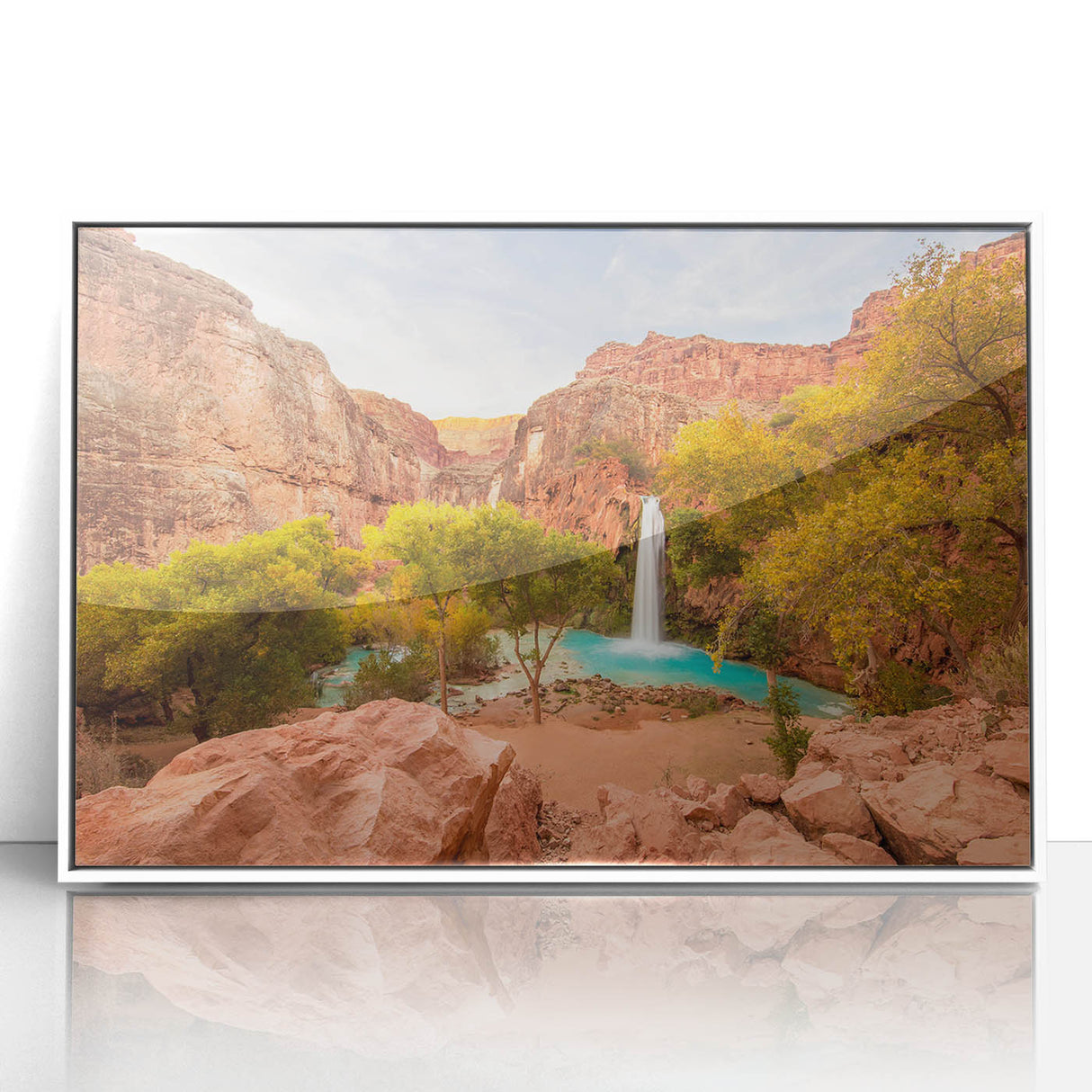 Art deco poster of Zion National Park in pastel colors on white framed acrylic, ideal for nursery wall decor.