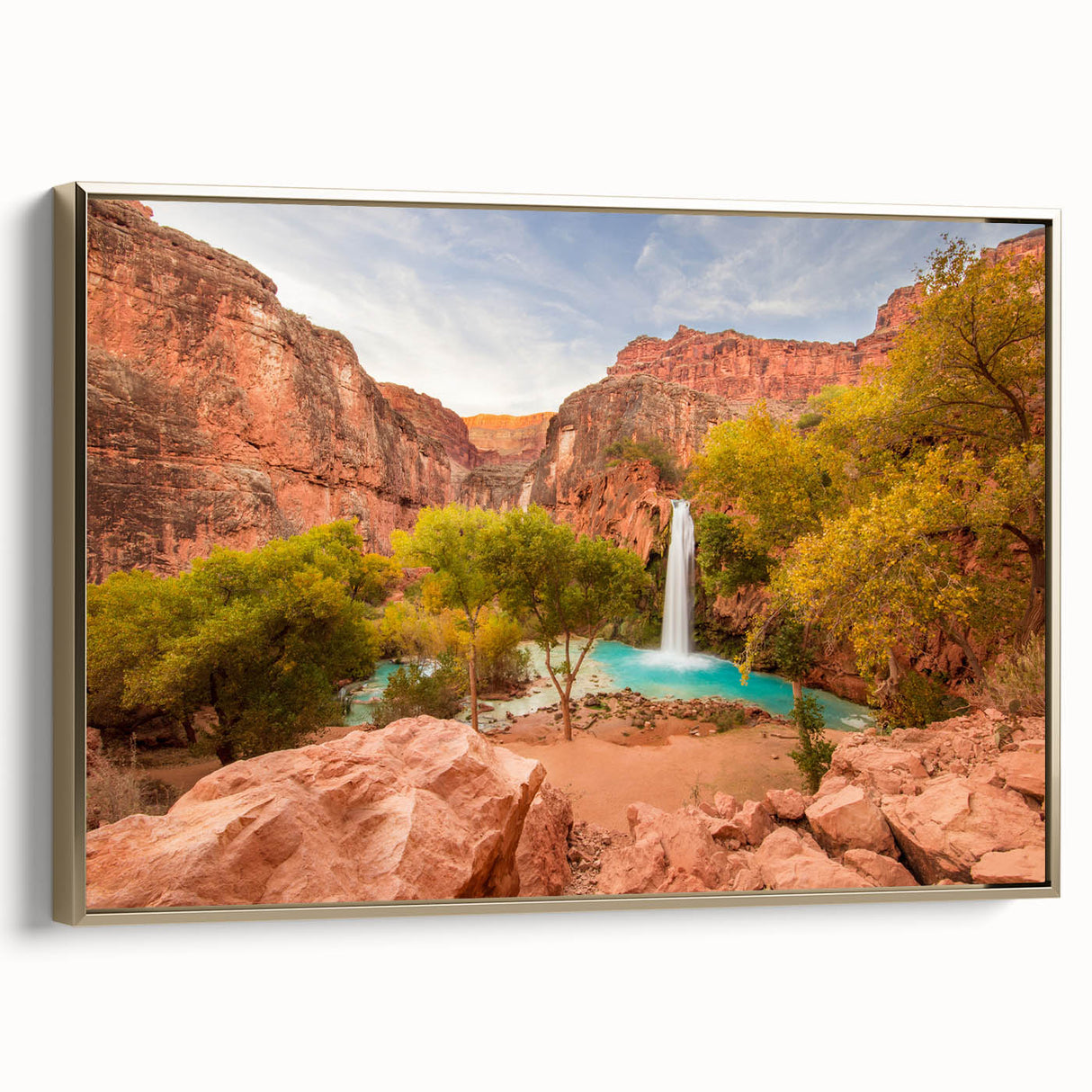 Framed canvas depicting a vintage-style landscape of Zion National Park in muted gold and black tones.