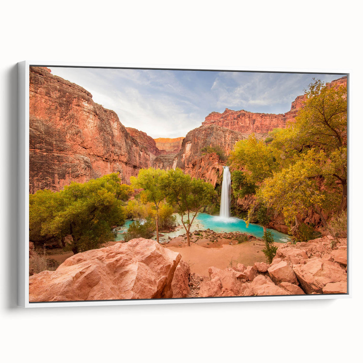 Vintage poster art of Zion National Park on extra large framed canvas, featuring colorful scenery against a black background.