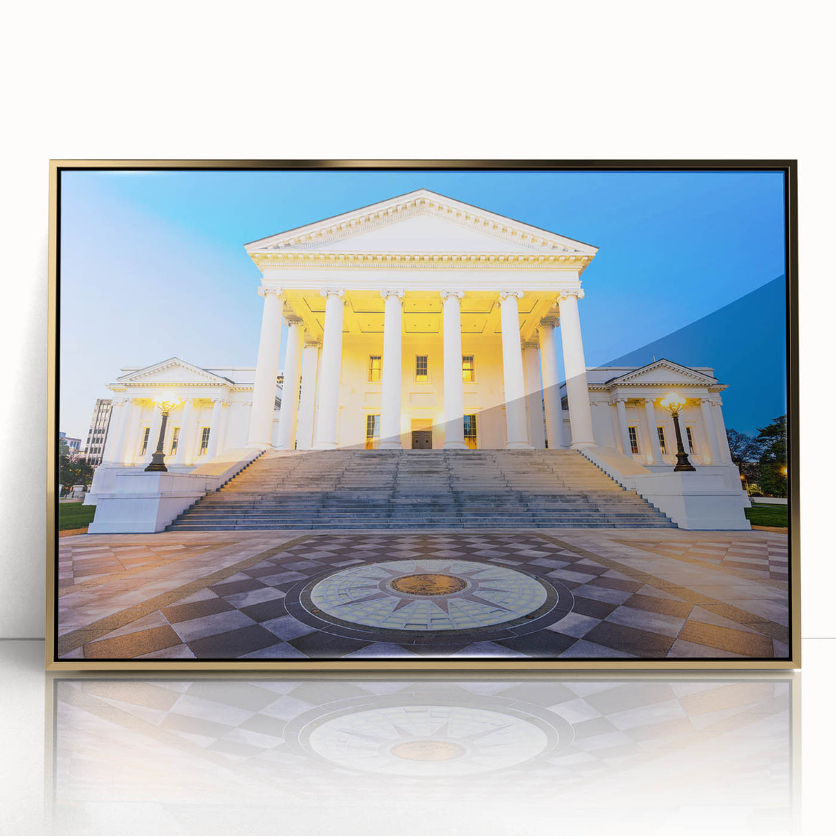 Large art print of a Virginia landscape in muted green and blue tones, framed in gold acrylic, mid-century modernist style.