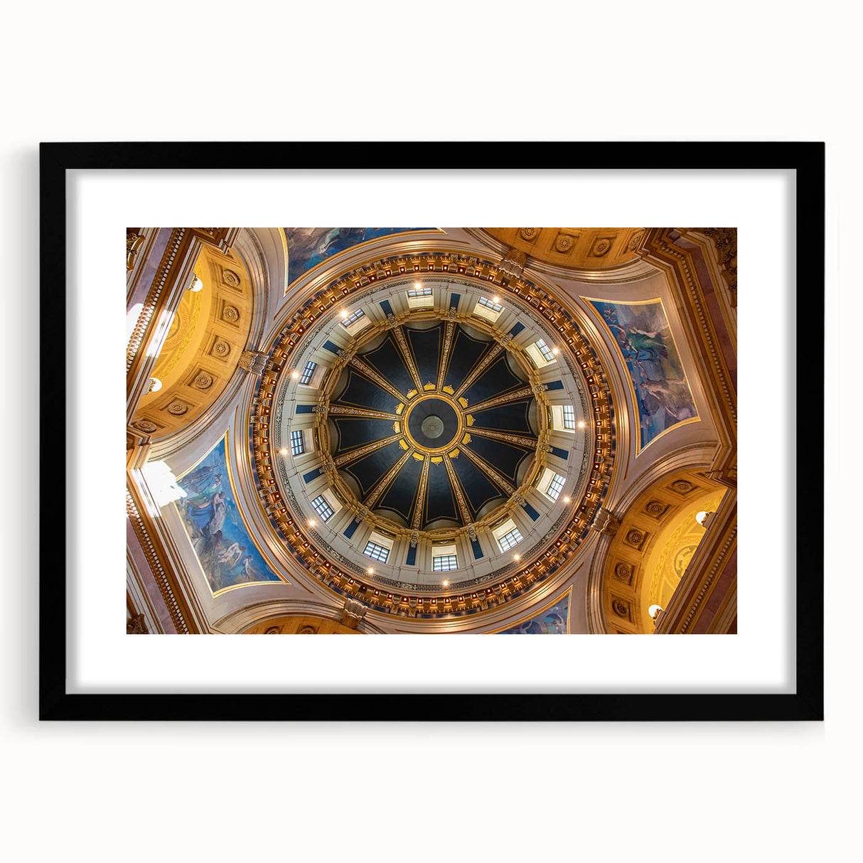Colorful abstract art print of Washington DC Capitol, textured in vibrant hues, ideal for living room wall, framed with mat.