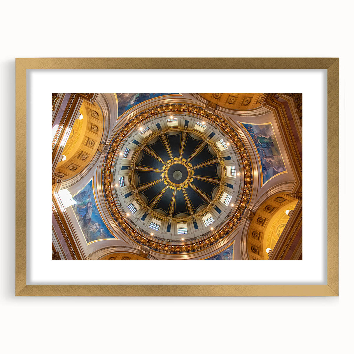 Extra large abstract art print of Washington DC Capitol in textured gold frame, ideal for living room decor.