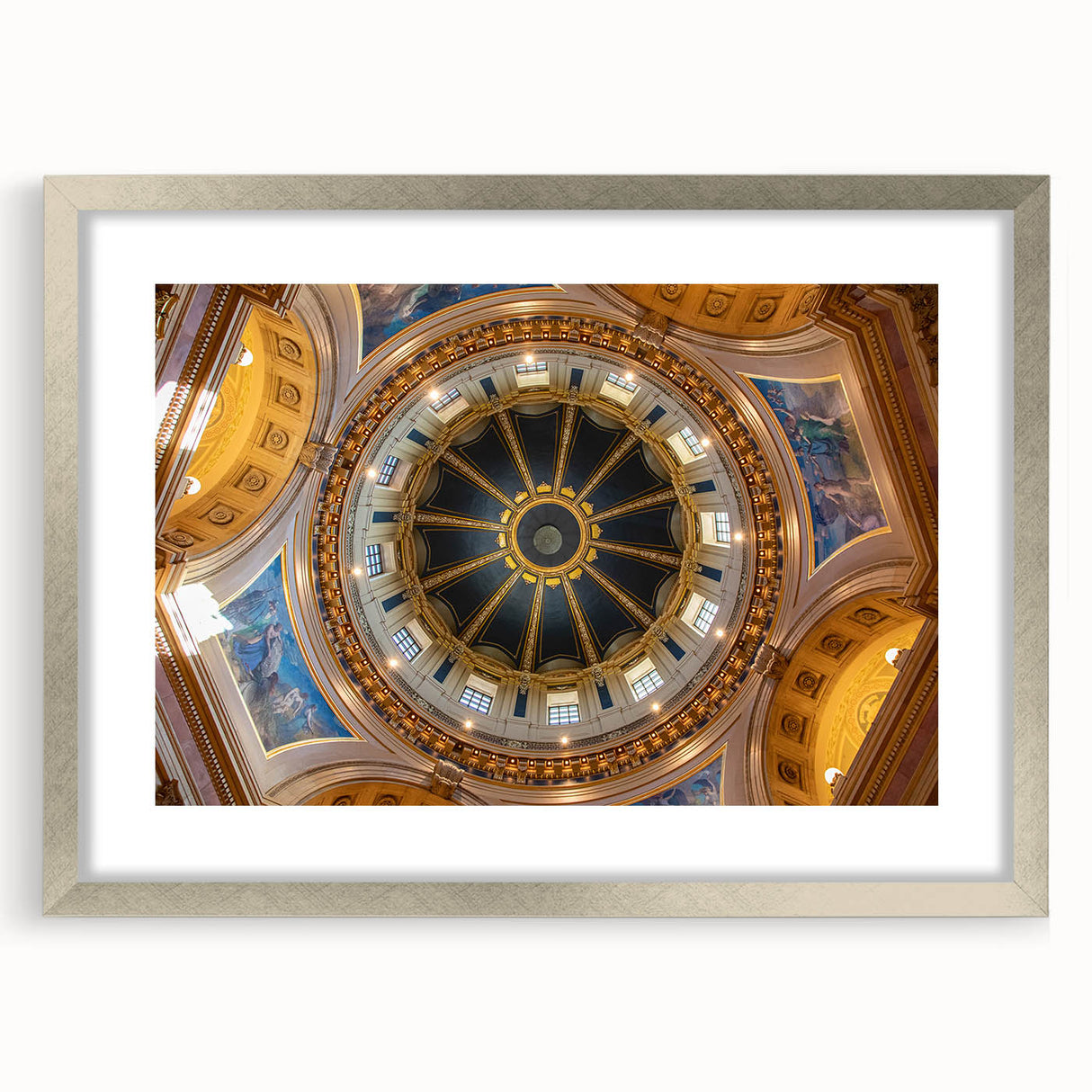 Textured art print of the Washington D.C. Capitol in muted gray tones on a framed silver mat, suitable for bedroom decor.