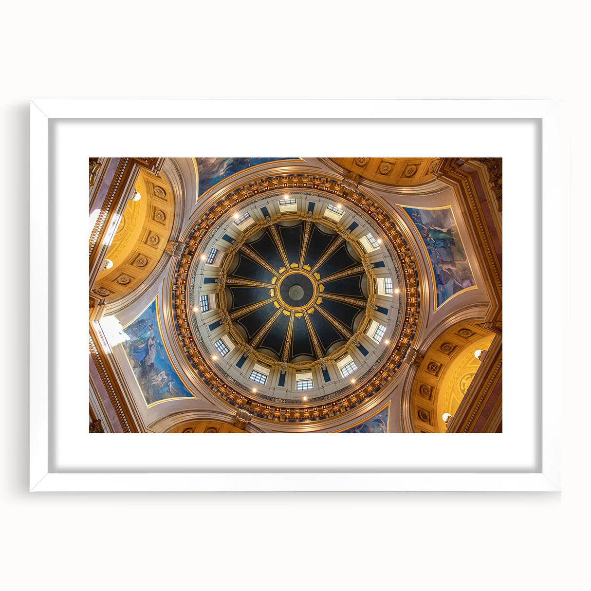 Abstract art print of Washington DC Capitol in muted gray tones on a framed white mat, ideal for dining room decor.