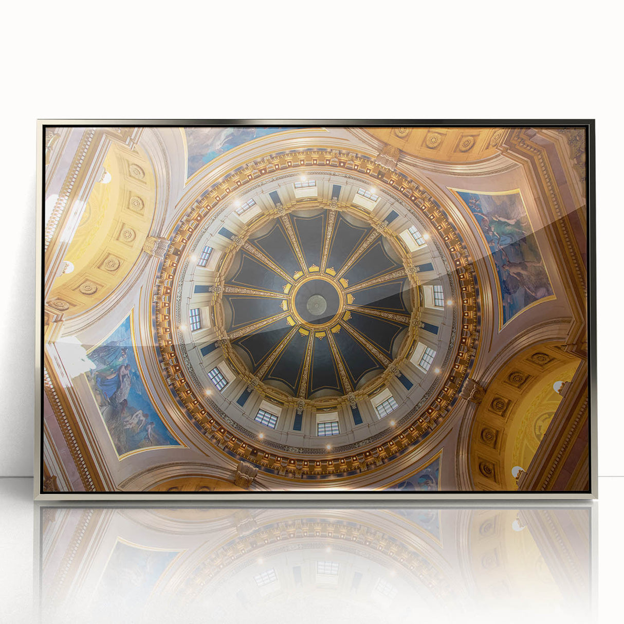 Mid-century modernist art of the Washington DC Capitol in muted gray tones, presented in a silver-framed acrylic.