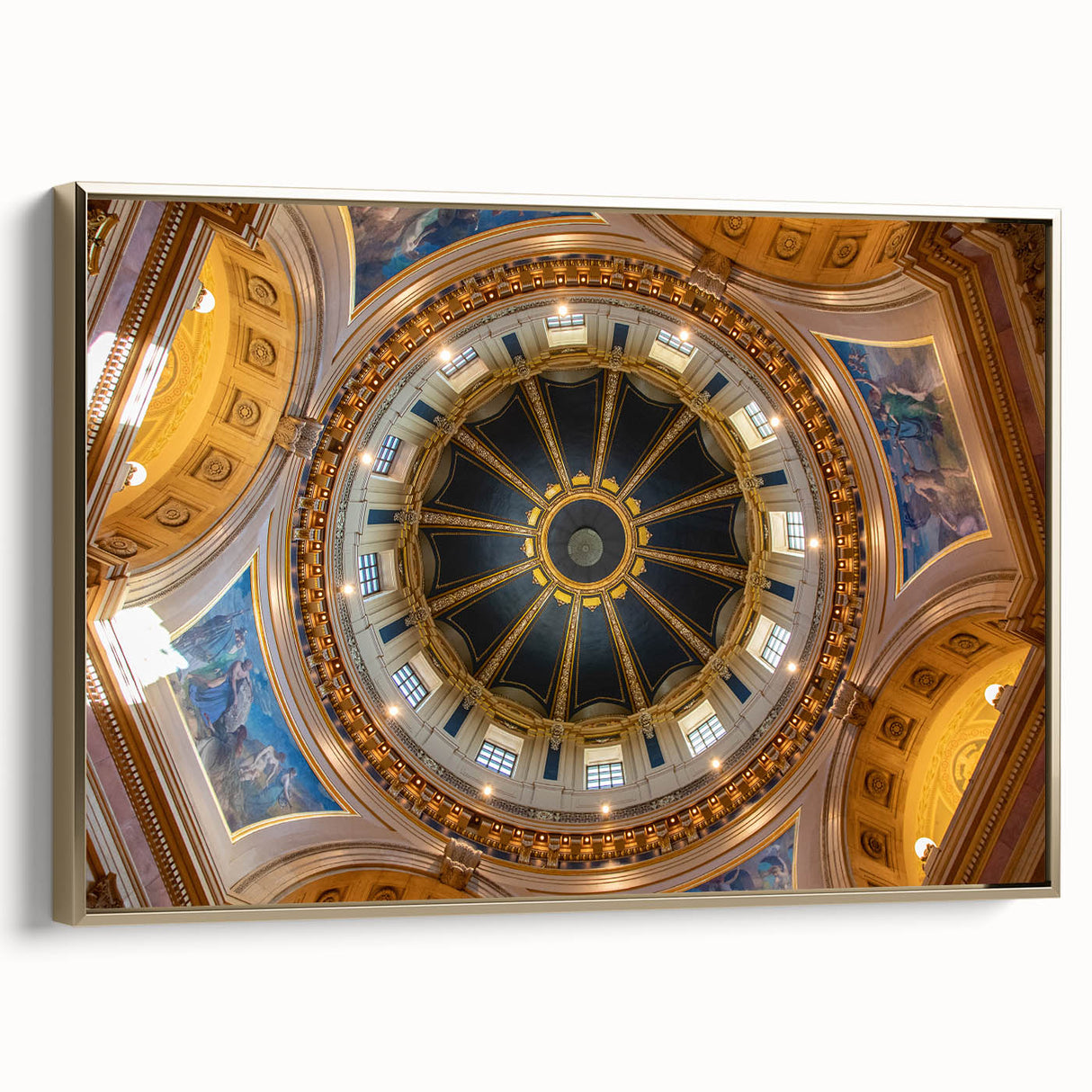 Framed canvas featuring a vintage-style landscape painting of the Washington DC Capitol in gold and black tones.