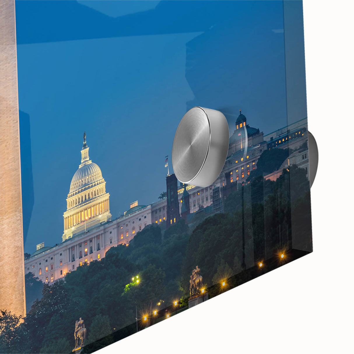 Large abstract depiction of the Lincoln Memorial in muted earth tones on an acrylic glass, ideal for dining room art.