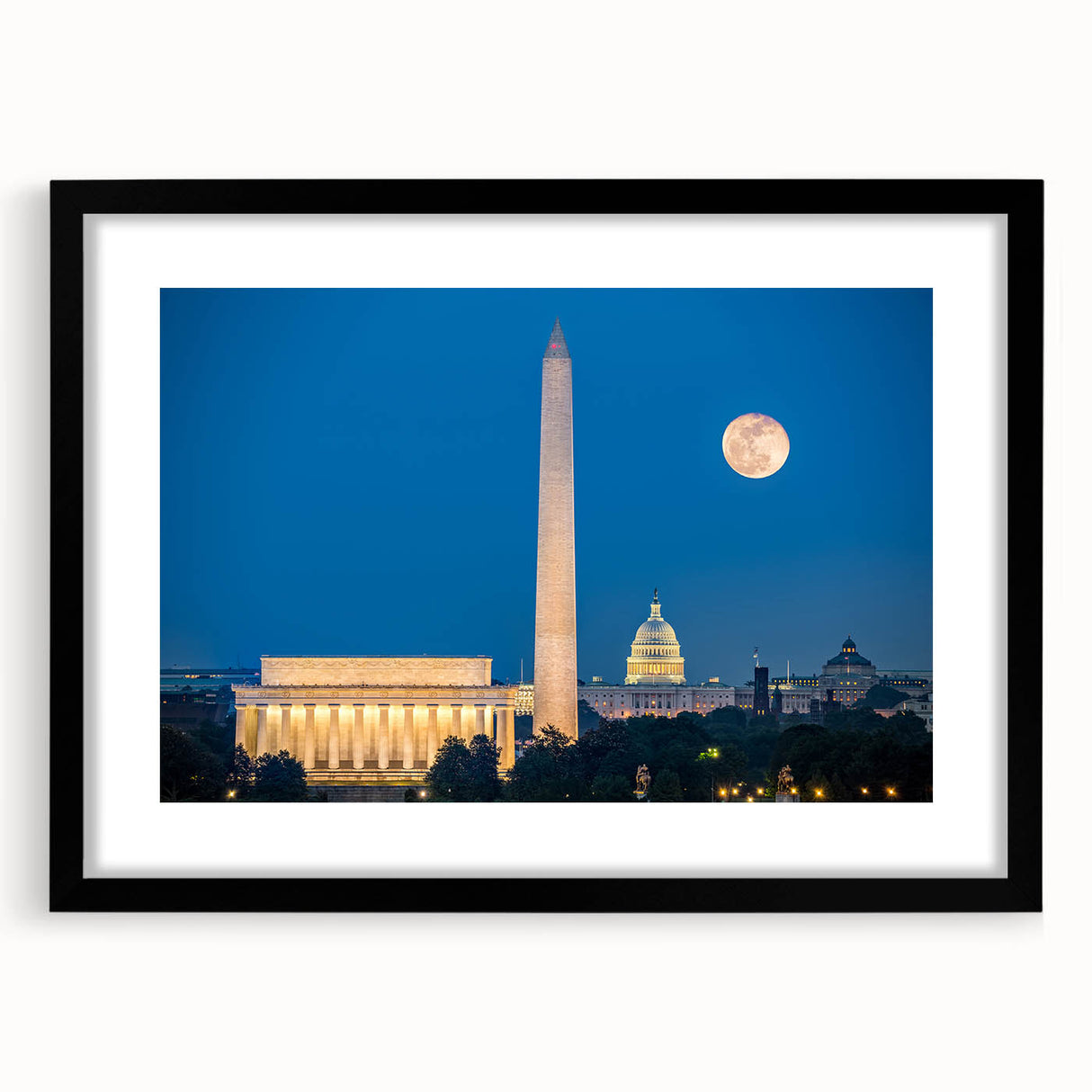 Colorful abstract art print of Washington DC scenery on a textured canvas, framed in black, ideal for living room decor.