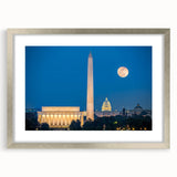 Textured art print of Washington DC's Lincoln Memorial in muted gray tones, framed in silver, ideal for bedroom decor.
