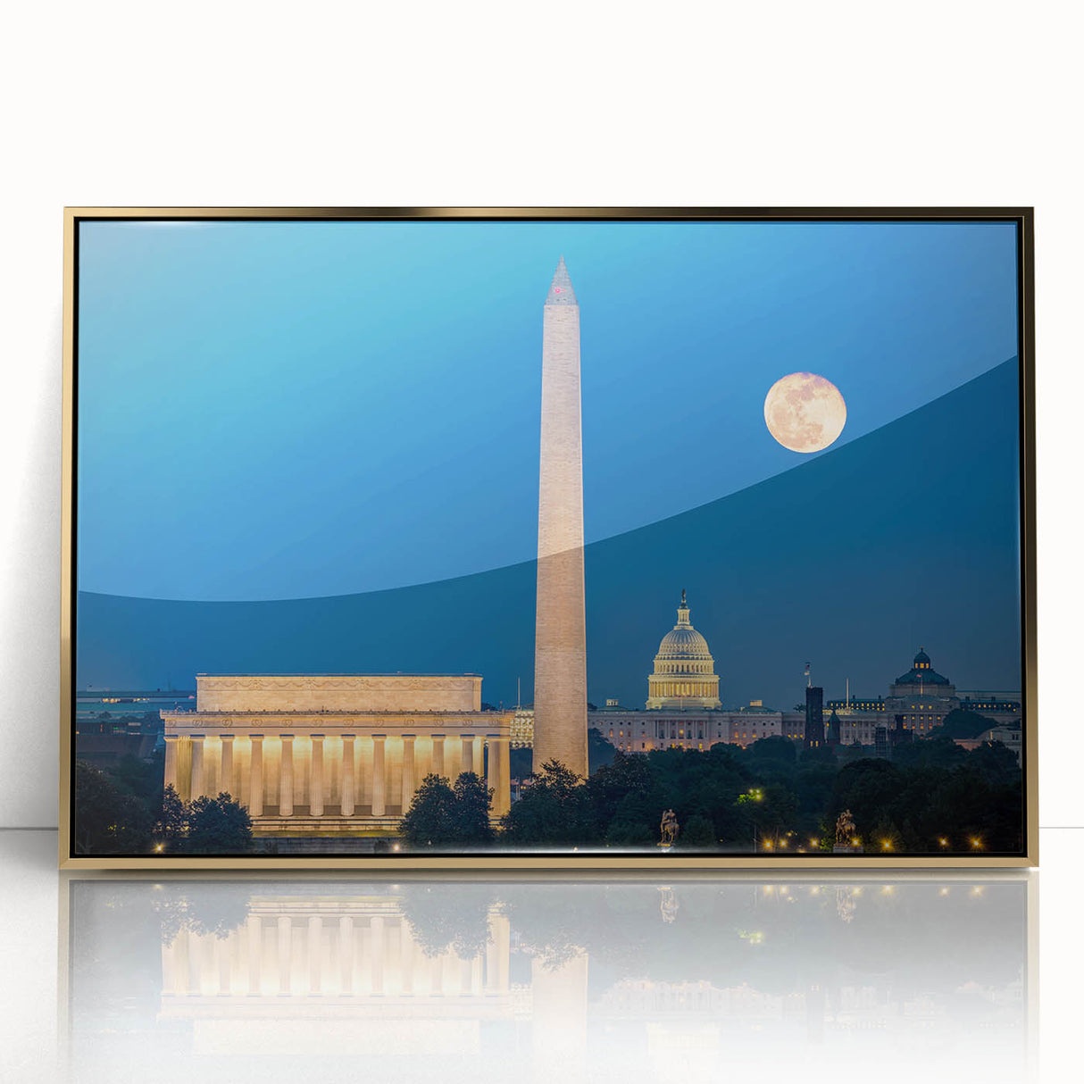 Mid-century modernist art depicting the Lincoln Memorial in muted gold and gray tones, acrylic print framed in gold.