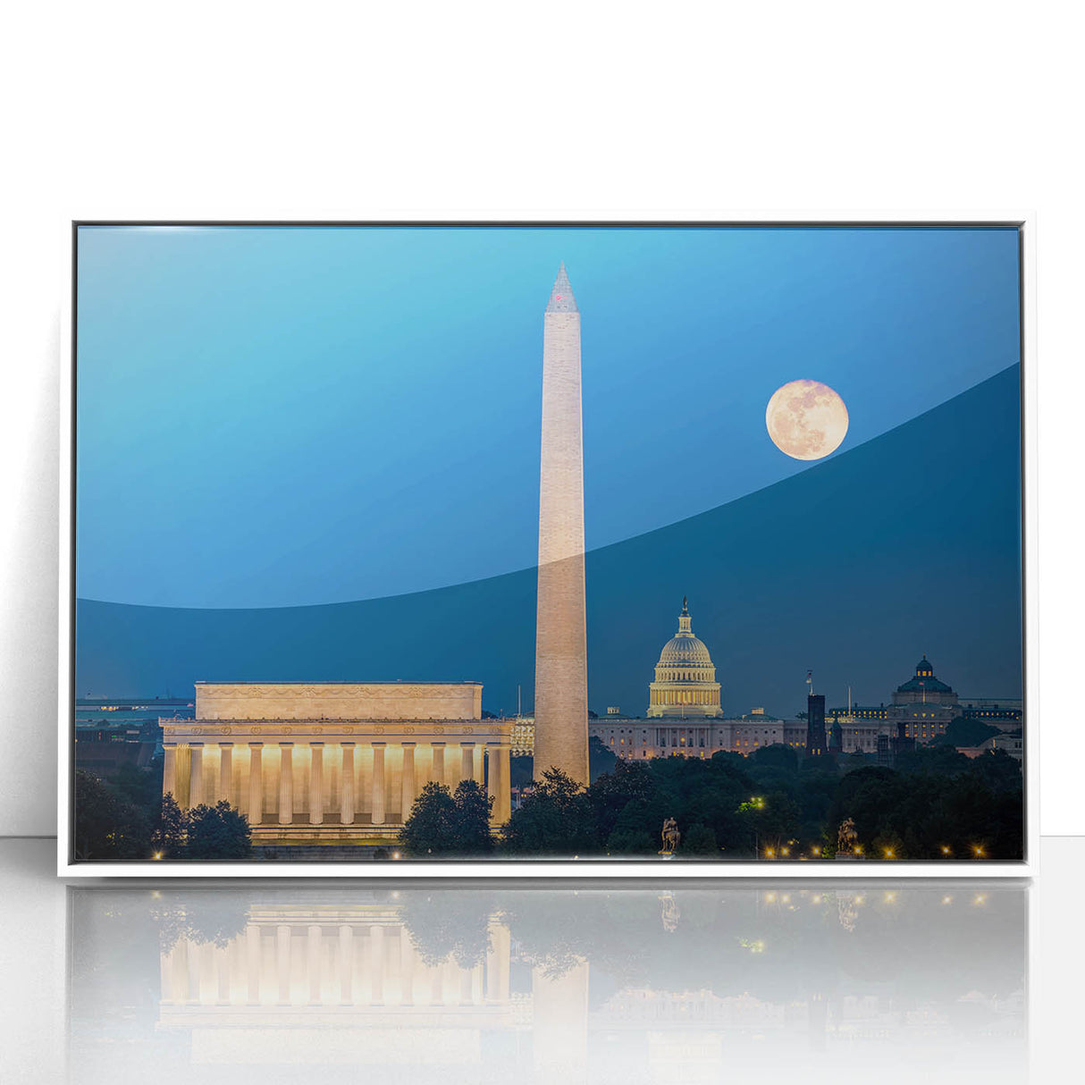 Art deco poster of the Lincoln Memorial in muted gray and blue tones on framed acrylic, ideal for modern nursery wall art.