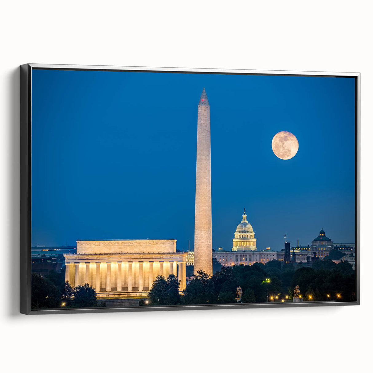 Black and white framed canvas of the Lincoln Memorial in a vintage poster style, ideal for bedroom wall art with muted tones.