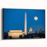 Black and white framed canvas of the Lincoln Memorial in a vintage poster style, ideal for bedroom wall art with muted tones.
