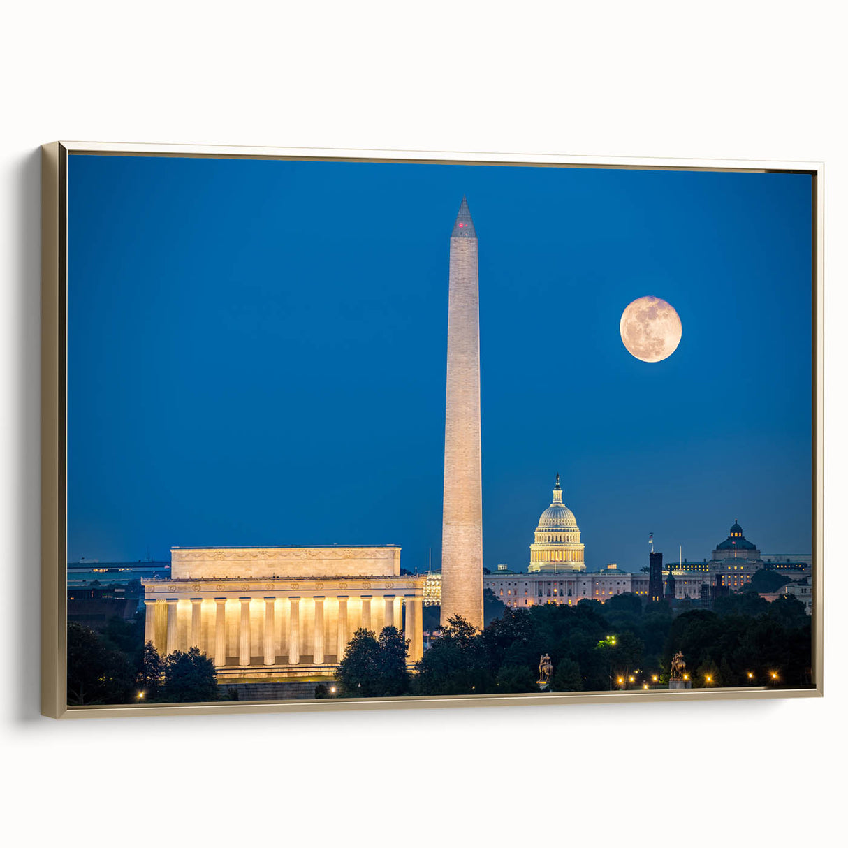 Framed canvas of a vintage-style Washington DC landscape featuring the Lincoln Memorial in muted black and gold tones.