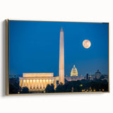 Framed canvas of a vintage-style Washington DC landscape featuring the Lincoln Memorial in muted black and gold tones.