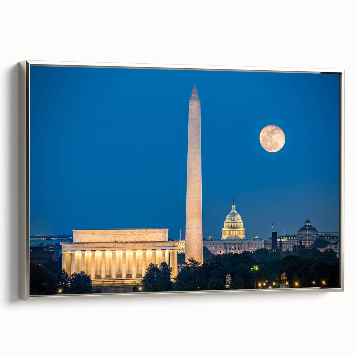 Framed canvas of a vintage-style Washington DC landscape featuring the Lincoln Memorial in muted colors.