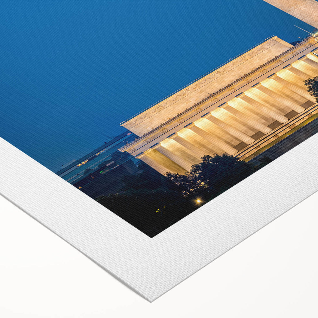 Art deco poster of the Lincoln Memorial in muted sepia tones on rolled canvas, suitable for dining room or bathroom wall art.