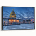 Black and white wall art of Washington DC monument landscape on framed canvas, suitable for bedroom decor.