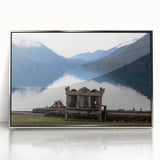 Mid-century modernist art depicting Olympic National Park in muted earth tones on a silver-framed acrylic print.