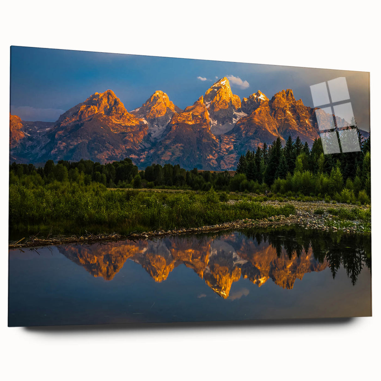 Acrylic print of the Grand Tetons in muted earth tones, ideal for bedroom or dining room decor.