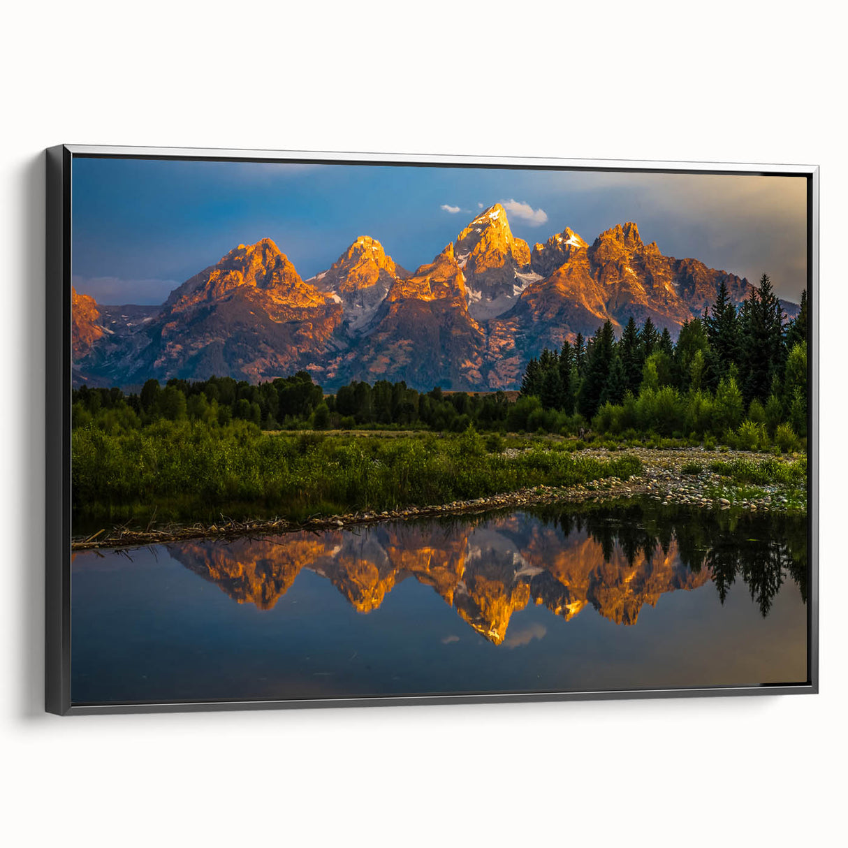 Black and white framed canvas of the Grand Tetons landscape, ideal for bedroom wall decor.